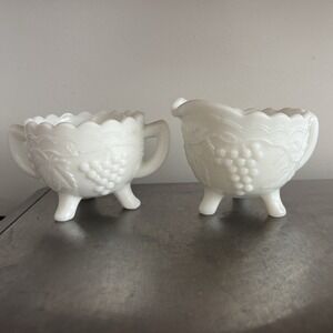 Indiana Glass Grapes & Leaves Satin Finish Milk Glass 3 Footed Sugar & Creamer